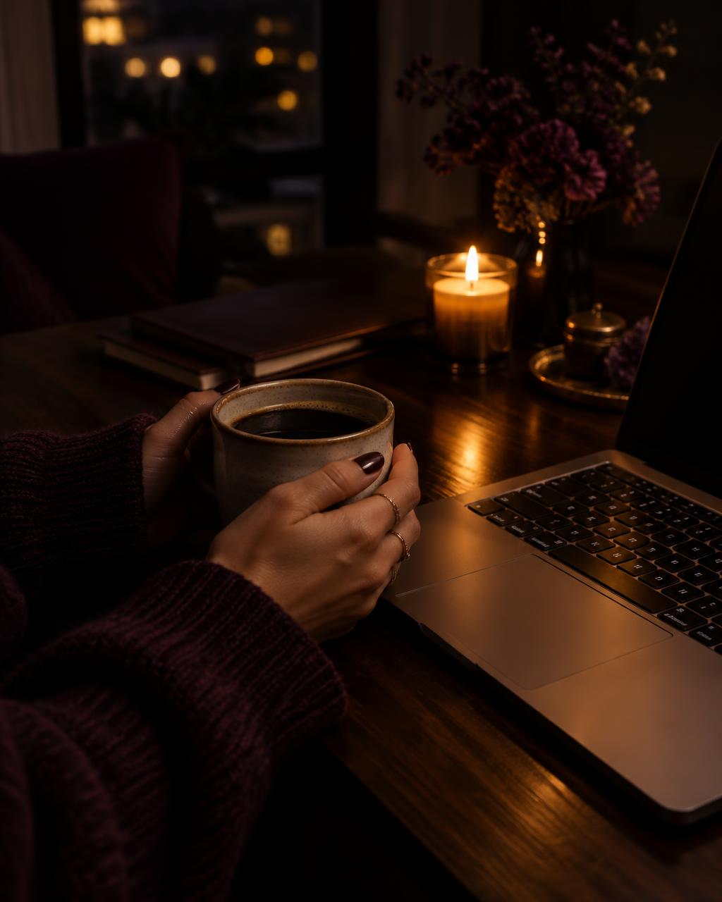 Manos sosteniendo un café junto a una laptop de noche